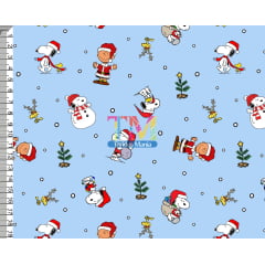 Tecido tricoline, microfibra ou gabardine estampado - Snoopy e Charlie Brown Natal - Fundo Azul