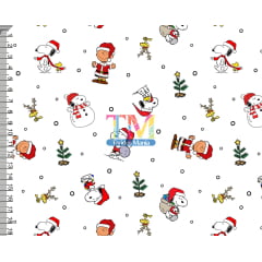 Tecido tricoline, microfibra ou gabardine estampado - Snoopy e Charlie Brown Natal - Fundo Branco