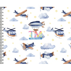 Tecido tricoline, microfibra ou gabardine estampado - Aeronaves aquareladas - fundo branco