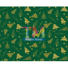 Tecido tricoline, microfibra ou gabardine estampado - Árvore de Natal dourada - fundo verde