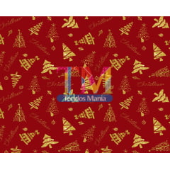 Tecido tricoline, microfibra ou gabardine estampado - Árvore de Natal dourada - fundo vermelho