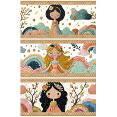Tecido tricoline, microfibra ou gabardine estampado - Barrado 3D - Bordado - Princesas