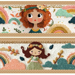 Tecido tricoline, microfibra ou gabardine estampado - Barrado 3D - Bordado - Princesas
