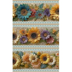 Tecido tricoline, microfibra ou gabardine estampado - Barrado 3D - Floral - girassol
