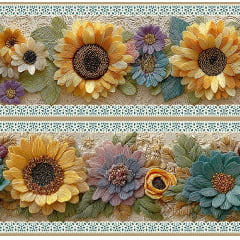 Tecido tricoline, microfibra ou gabardine estampado - Barrado 3D - Floral - girassol