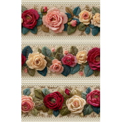 Tecido tricoline, microfibra ou gabardine estampado - Barrado 3D - Floral Rosas Vermelhas
