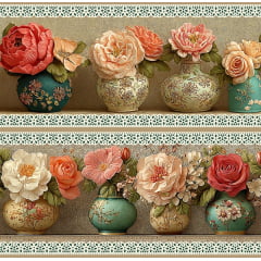 Tecido tricoline, microfibra ou gabardine estampado - Barrado 3D - Floral Vasos