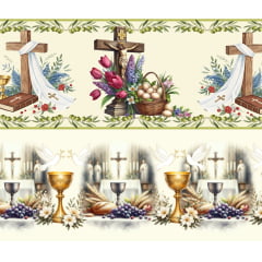 Tecido tricoline, microfibra ou gabardine estampado - Barrado 3D - Jesus Cristo - Eucaristia