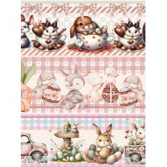 Tecido tricoline, microfibra ou gabardine estampado - Barrado 3D - Páscoa - Casa de Guloseimas