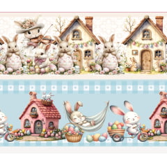 Tecido tricoline, microfibra ou gabardine estampado - Barrado 3D - Páscoa - Casa de Guloseimas