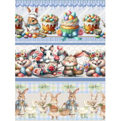Tecido tricoline, microfibra ou gabardine estampado - Barrado 3D - Páscoa - Coelhos Azul