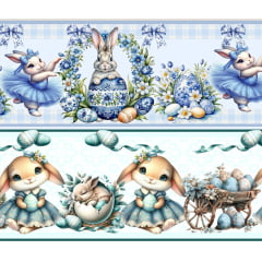 Tecido tricoline, microfibra ou gabardine estampado - Barrado 3D - Páscoa - Coelhos Azul