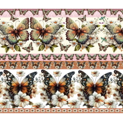 Tecido tricoline, microfibra ou gabardine estampado - Barrado 3D - Borboletas Flores