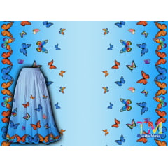 Tecido tricoline, microfibra ou gabardine estampado - Barrado - Borboletas - Degradê Azul