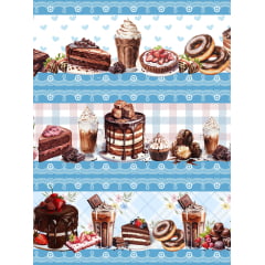 Tecido tricoline, microfibra ou gabardine estampado - Barrado - Chocolate e Bolos