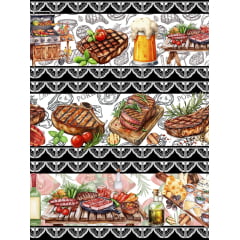 Tecido tricoline, microfibra ou gabardine estampado - Barrado - Churrasco Preto