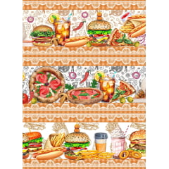 Tecido tricoline, microfibra ou gabardine estampado - Barrado - Fast Food - Lanche