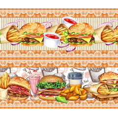 Tecido tricoline, microfibra ou gabardine estampado - Barrado - Fast Food - Lanche