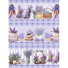 Tecido tricoline, microfibra ou gabardine estampado - Barrado - Floral Lavanda