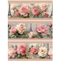 Tecido tricoline, microfibra ou gabardine estampado - Barrado - Floral Rosas - Torre Eiffel