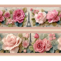 Tecido tricoline, microfibra ou gabardine estampado - Barrado - Floral Rosas - Torre Eiffel