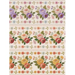 Tecido tricoline, microfibra ou gabardine estampado - Barrado - Flores Bordada