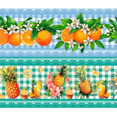 Tecido tricoline, microfibra ou gabardine estampado -  Barrado - frutas cítricas