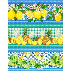 Tecido tricoline, microfibra ou gabardine estampado -  Barrado - frutas cítricas