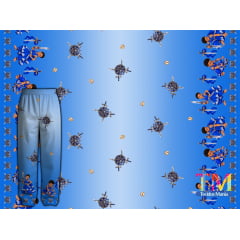 Tecido tricoline, microfibra ou gabardine estampado - Barrado Ibeji - Erê Ogum - Fundo Azul