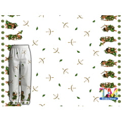 Tecido tricoline, microfibra ou gabardine estampado - Barrado Ibeji - Erê Oxóssi - Fundo Branco