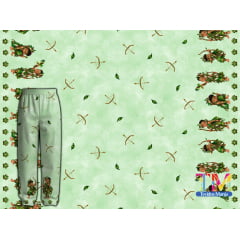 Tecido tricoline, microfibra ou gabardine estampado - Barrado Ibeji - Erê Oxóssi - Fundo Verde