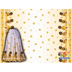 Tecido tricoline, microfibra ou gabardine estampado - Barrado Ibeji - Erê Oxum - Fundo Amarelo