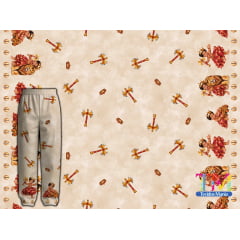 Tecido tricoline, microfibra ou gabardine estampado - Barrado Ibeji - Erê Xangô - Fundo Bege