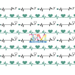 Tecido tricoline, microfibra ou gabardine estampado -  Batimento cardíaco verde - Fundo branco 