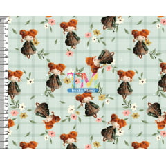 Tecido tricoline, microfibra ou gabardine estampado - Boneca Merida - Fundo Xadrez verde - 3D