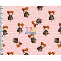 Tecido tricoline, microfibra ou gabardine estampado - Boneca Merida - love - Fundo Rosa - 3D