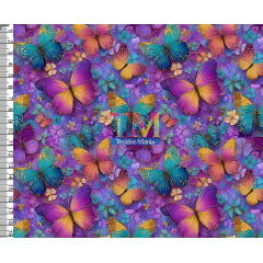 Tecido tricoline, microfibra ou gabardine estampado - Borboletas 3D - Aquarela - Contorno - Fundo Roxo