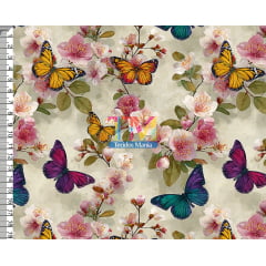 Tecido tricoline, microfibra ou gabardine estampado - Borboletas Aquarela - Flores