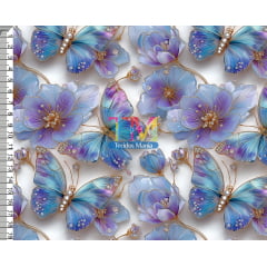 Tecido tricoline, microfibra ou gabardine estampado - Borboletas Azul 3D - Cristal