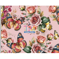 Tecido tricoline, microfibra ou gabardine estampado - Borboletas e Rosas - Fundo Rosa - 3D