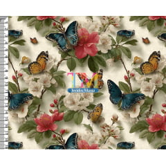 Tecido tricoline, microfibra ou gabardine estampado - Borboletas - Primavera - Amarela e Azul