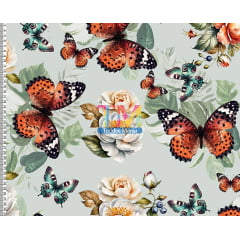 Tecido tricoline, microfibra ou gabardine estampado - Borboletas Vermelhas e Flores - Fundo Verde - 3D