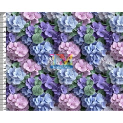 Tecido tricoline, microfibra ou gabardine estampado - Buquê - hortênsia - rosa e roxo