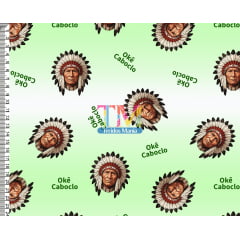Tecido tricoline, microfibra ou gabardine estampado - Caboclo - Okê caboclo - fundo verde