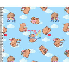 Tecido tricoline, microfibra ou gabardine estampado - Capivara Baby - Nuvens - azul