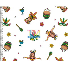 Tecido tricoline, microfibra ou gabardine estampado - Carnaval - Desfile - Fundo Branco