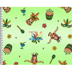 Tecido tricoline, microfibra ou gabardine estampado - Carnaval - Desfile - Fundo verde