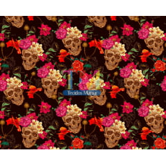 Tecido tricoline, microfibra ou gabardine estampado - Caveira Floral - Fundo Preto