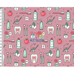 Tecido tricoline, microfibra ou gabardine estampado - Dentista  - Fundo rosa