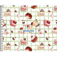 Tecido tricoline, microfibra ou gabardine estampado - Doces de Morango - Xadrez verde